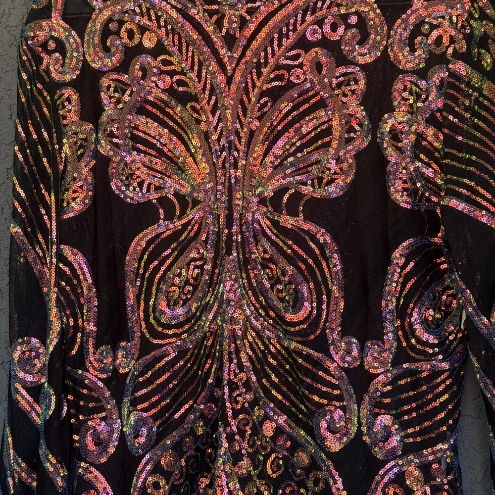 Sequin Butterfly Bodysuit Womens 2X Black Long Sleeve Sheer Rave Festival Plus - Picture 3 of 10